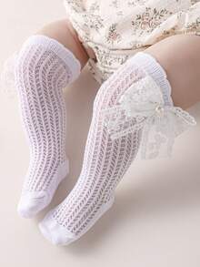 Calcetines de encaje con volantes, de malla transpirable, nuevos calcetines de transferencia con perlas, calcetines largos para el tobillo de niñas bebés y niños pequeños de 0 a 3 años - Blanco - Ver 2