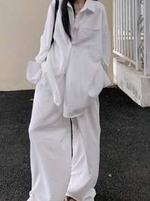 Conjunto informal de blusa de manga larga con botones delanteros y pantalones de unicolor blanco para primavera - Blanco - Ver 3