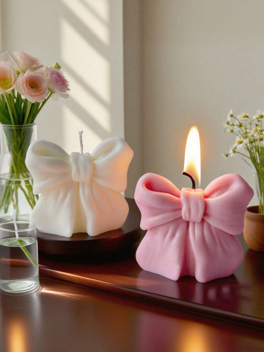 1pc 3D Bowknot Silicone Mold, Suitable For DIY Scented Soap/Candle/Resin/Plaster Crafts - Silicone Material, Easy Demold And Reusable, Great For Party/Home Decor And Christmas Candle Making - White - View 1