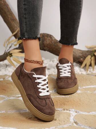 Brown Lace-Up Casual Sports Shoes, Fashion Versatile Faux Suede Trainers, Suitable For Students, All Season Casual Sports Running Shoes