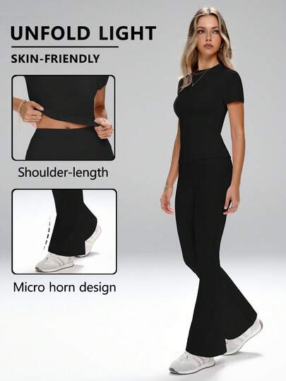 FWH "Daily-Wear Two Pieces Set For Women: Base-Style, Versatile And Conservative Design Suitable For Outdoor Commuting, Office, Fitness & Yoga. Features Sweet And Elegant Gentle Style, Slim-Fitting With Waist-Contracting Elastic Fabric. Round Neck, Short Sleeve Top Paired With High-Waist, Tummy-Control Micro-Flare Sports Pants For Leg-Lengthening Effect."