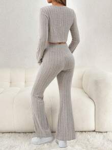 Ribbed Solid Color Bow Blouse & Flare Pants Maternity Set - Apricot - View 2