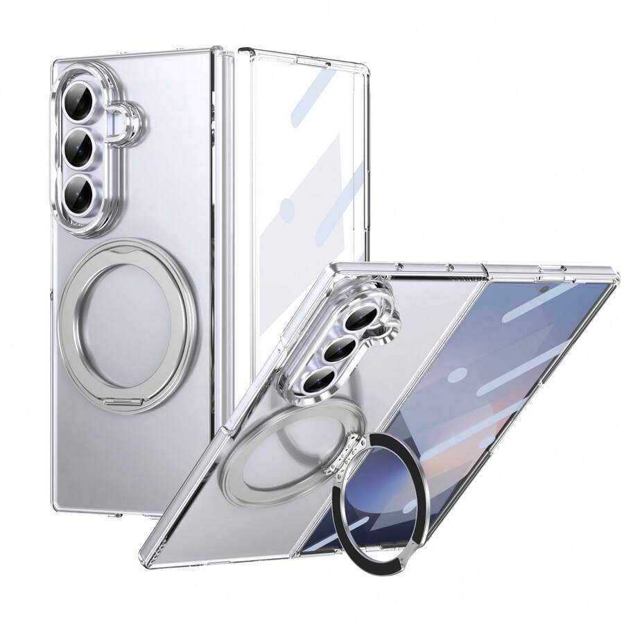 VIETAO 360° Rotating Invisible Stand Transparent Material Phone Case, Compatible With Samsung Galaxy Z Fold 8 Ultra 7 6 5 4 Fold7, With Tempered Glass Screen Protector - Silver - View 1