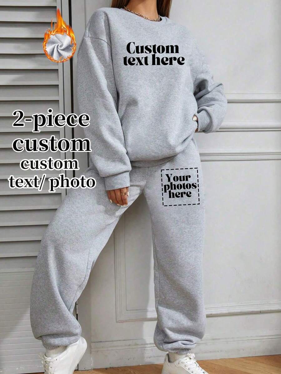 Customized Autumn And Winter, Two Pieces Custom Women's Sweatshirts And Jogging Drawstring Sweatpants Custom-Add Your Text Photos (Landscape/Badge/Couple Photos/Family Photos/Selfies/Pets) - Light Grey - View 1