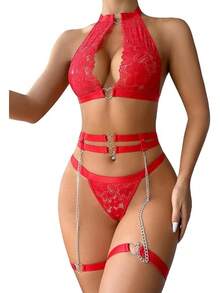 Halter Heart Ring Cutout Chain Floral Lace Sheer Garter Belt Lingerie Set 3 Piece - 紅色 - 查看 2