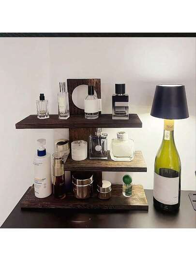 1pc Vintage Wooden Tabletop Fragrance & Cosmetic Storage Rack, Multi-Tier Display Shelf For Home, Bedroom, Office