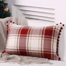 Christmas Linen Look Plaid POMPOM Cushion Cover - Red - View 6