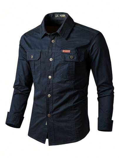 1 pieza Camisa de manga larga ajustada para hombre para exteriores, chaqueta utilitaria casual de primavera/otoño con múltiples bolsillos, adecuada para usar con jeans, otoño