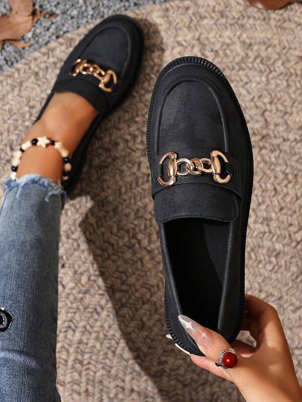 Black Leather Loafers For Women, Chunky Heel, Slip-On, Metal Buckle Decor, Glossy Finish, Casual Shoes, Suitable For Spring, Autumn, All Seasons