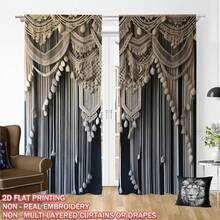 2pcs Boho Macrame Fabric Printed Curtains, Single-Sided Print, Fade-Resistant, Soft, Draping, Thick, Blackout, Machine Washable, Rod Pocket Design, Suitable For Bedroom, Bathroom, Living Room, Closet, Office, Vintage Gift
