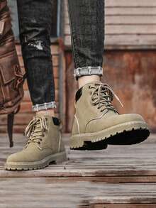 Botas nuevas para hombre para exteriores, primavera/otoño 2025, zapatos para senderismo con suela gruesa, botas de tobillo versátiles, botas de trabajo estilo británico, zapatos de caña alta, botas de senderismo estilo británico retro, botas de cuero negro (corren un tamaño pequeño) - Beis - Ver 3