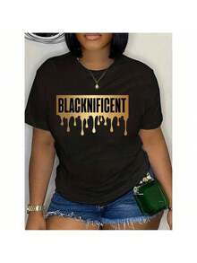 Blacknificent Women's Graphic T-Shirt - Gold Drip Design, Casual Crewneck Tee, Fashionable And Comfortable Top For Everyday Wear - màu đen - Xem 1