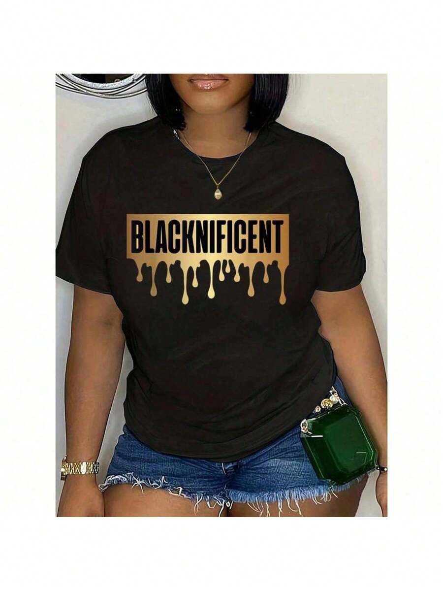 Blacknificent Women's Graphic T-Shirt - Gold Drip Design, Casual Crewneck Tee, Fashionable And Comfortable Top For Everyday Wear - màu đen - Xem 1