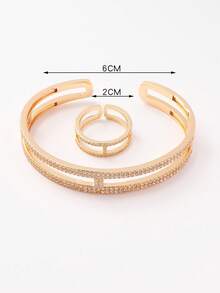 طقم سوار وخاتم نسائي من طراز كوري جديد، مطلي بذهب عيار 14 قيراط، من النحاس المرصع بالحلقات المزدوجة الصغيرة، بتصميم بسيط