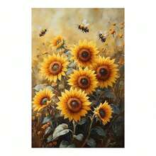 [2D Flat] 1Pc Framed Ready To Hang, Natural Abstract Flowers Painting Canvas Wall Art, Modern Retro Plant Landscape, Sunflowers With Bees Artwork Suitable For Living Room, Bedroom, Office, Dining Room Decoration Painting, Home Decor, Living Room Office Hallway Dorm Wall Decor, Posters And Prints Wall Art Pictures For Apartment Room Decor Aesthetic, Wrapped Framed Canvas Print - Màu vàng - Xem 5
