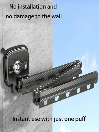 1 قطعة رف تجفيف ملابس قابل للطي للشرفة، حامل بكوب شفط، حبل غسيل قابل للسحب غير مرئي، عمود غسيل للنافذة المنزلية