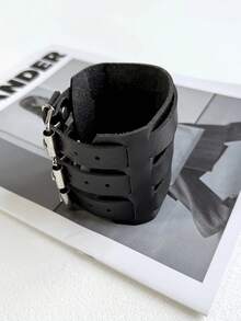 Xiacheng 1/2pcs Adjustable Black Punk Rock Style Triple-Layer PU Leather Bracelet, Punk Wristband Suitable For Men, Couples And Parties - Three-buckle Leather Bracelet - View 3