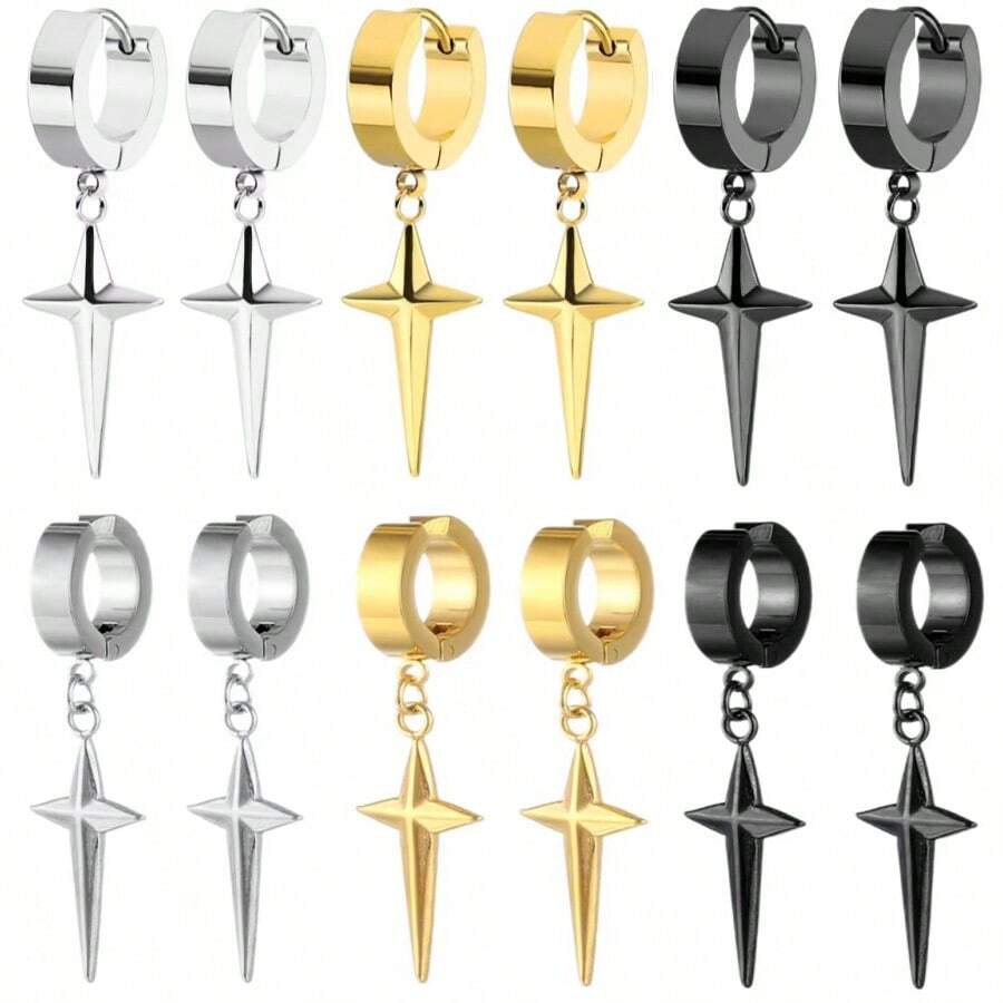 Pendientes de acero de titanio personalizados con cruz y estrella de estilo hip hop para hombres, pendientes de clip para hombres y mujeres sin orejas perforadas
