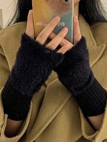 1 双柔软半指手套，针织保暖无指冬季手套，适合女士 - 白色 - 查看 13