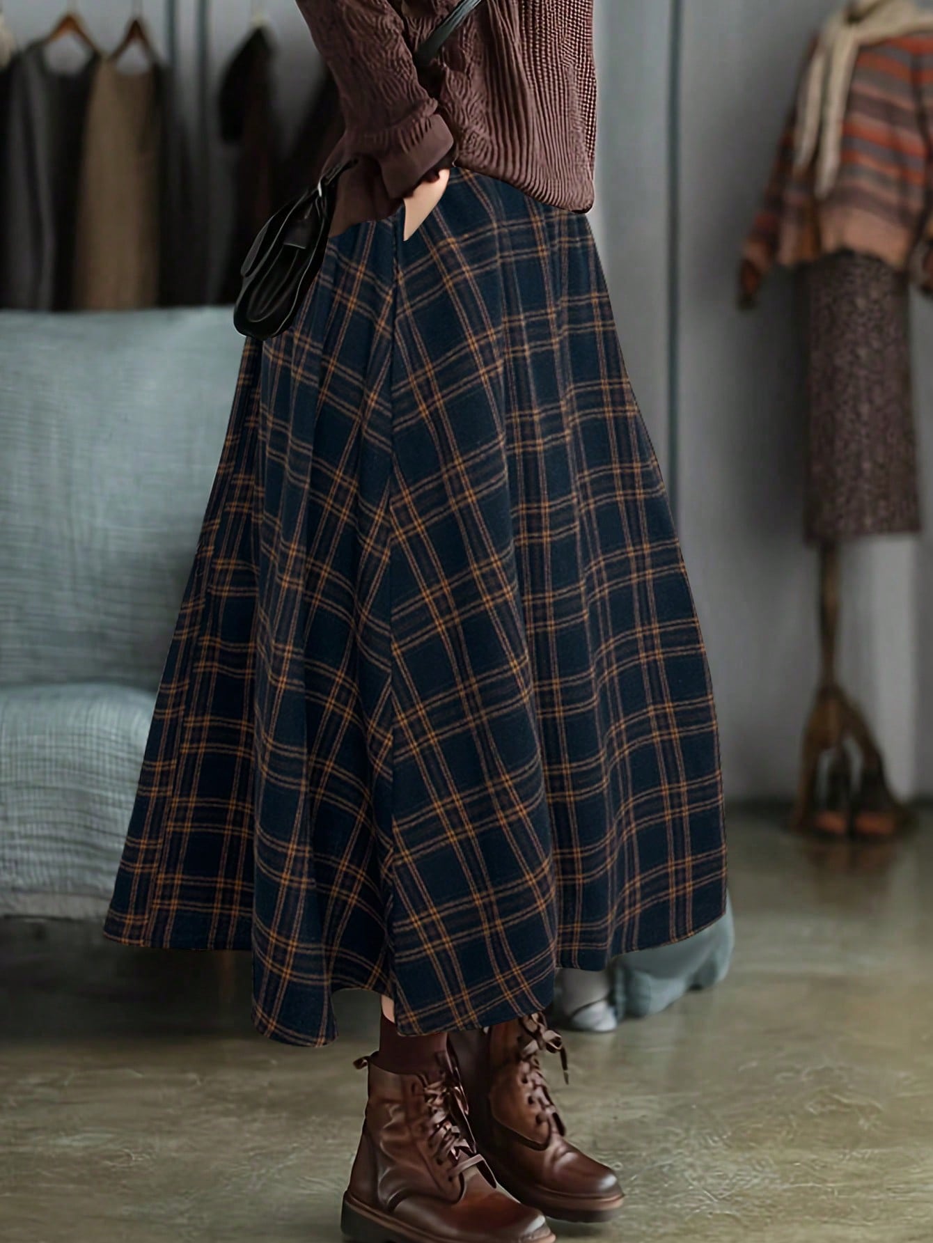 تنورة طويلة بخصر مطاطي على شكل حرف A مع جيوب، نمط...