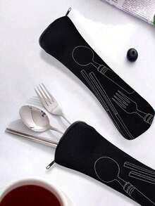 A Thermal Lunch Bag With Four Cups Of Black Coffee And A Heart, Leopard Print Pattern Printed On It,Insulated Bag With The "Lut Furst Caffee" Pattern Paired With A Black Cutlery Storage Bag