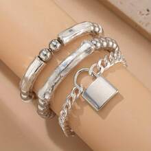 3pcs Elegant Silver Beaded Punk Lock Bracelet Set