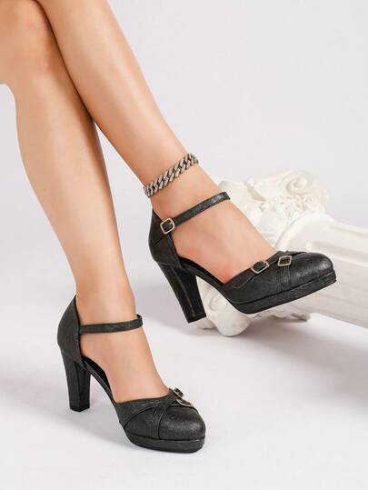Women's Faux Suede Round Toe Buckle Decor Fashion Sexy High Chunky Heel Platform Slip-On Pumps