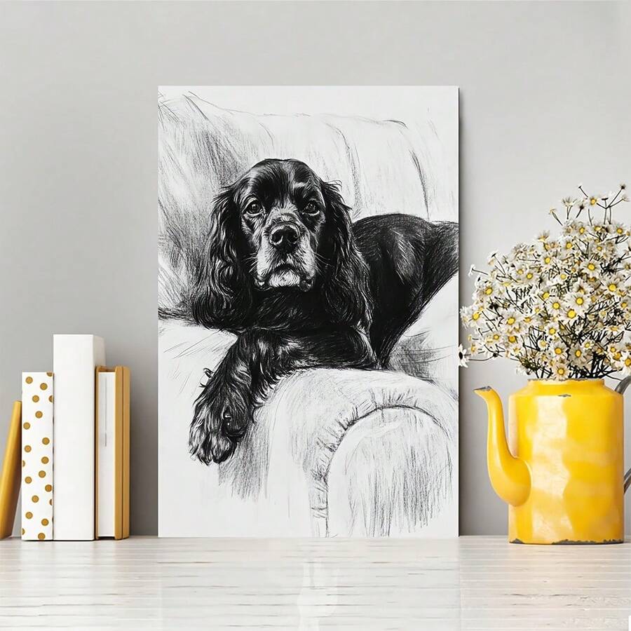 1pc, Realistic Black Cocker Spaniel Dog Canvas Wall Art Print - Elegant Pet Portrait For Living Room, Bedroom, Office Home Decor - Sketch Style Animal Artwork - 彩色 - 查看 1