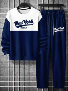 男士休闲运动风落肩圆领运动衫和裤子套装，秋季服装 - 彩色 - 查看 2