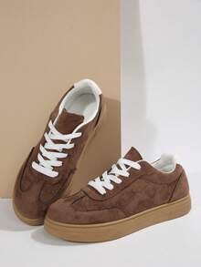Brown Lace-Up Casual Sports Shoes, Fashion Versatile Faux Suede Trainers, Suitable For Students, All Season Casual Sports Running Shoes - Khaki - View 5