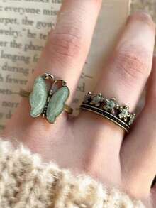 2 件复古简约绿色蝴蝶和花朵装饰可调节戒指，适合女性日常佩戴、照片、情人节礼物