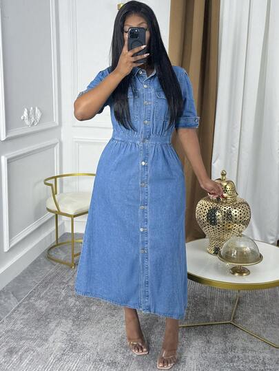 Women's Mid Rise Button Front Midi Denim Dress - Elegant Non-Stretchy For Home Leisure English Product Description (5-Point Format)