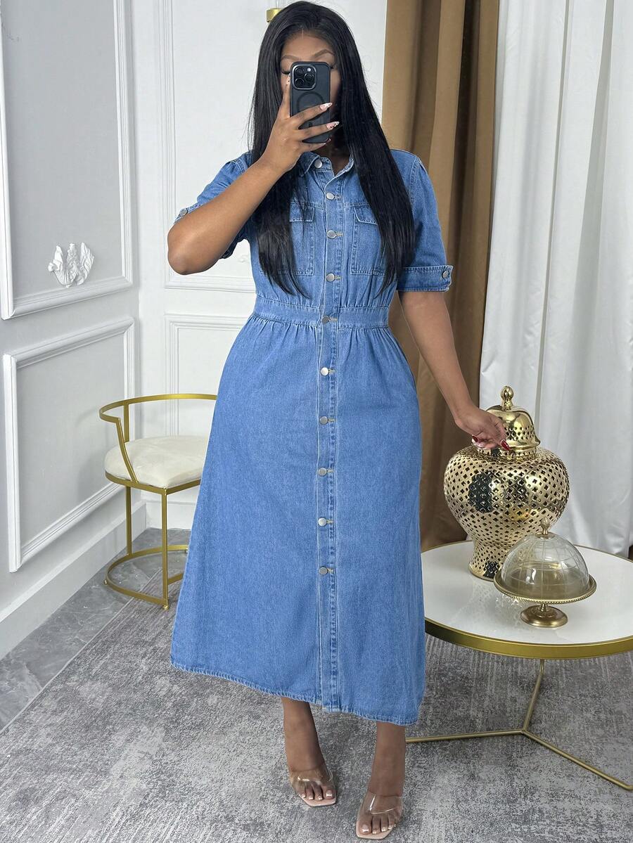 Váy denim midi cạp cao cài nút phía trước dành cho nữ - Thanh lịch, không co giãn, thích hợp mặc ở nhà, giải trí Mô tả sản phẩm bằng tiếng Anh (Định dạng 5 điểm) - Rửa trung bình - Xem 1