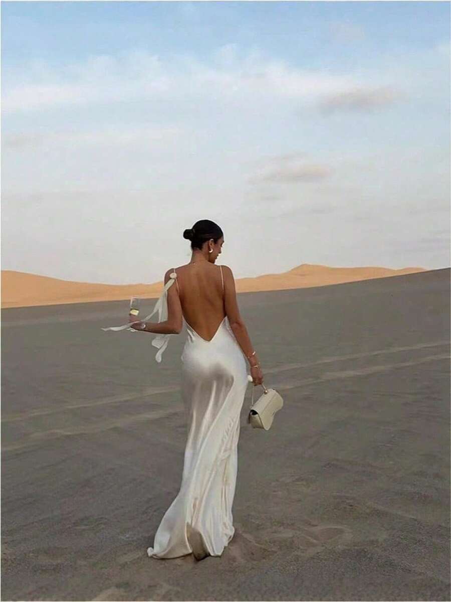 2025 Spring And Autumn Women's Dress Celebrity Pure Desire White Satin Halter Party Dress - 白色 - 查看 1