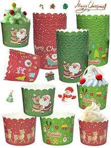 25pcs Christmas Baking Cups - Random Styles, Oil-Proof & Heat-Resistant Cupcake Liners, Suitable For Christmas, Mother's Day, Birthday And Wedding Party Baking Supplies, Christmas Themed - Multicolor - View 1