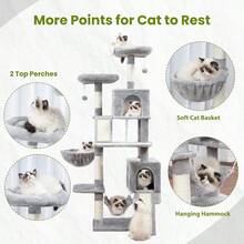 2025by Cat Tree For Indoor Cats, 71'' (180cm) Multi-Level Cat Tower For Large Adult, Sturdy Cat Tree House With 2 Scratching Boards 7 Posts, 2 Plush Perches/Condos, Hammock, Smoky Gray GCT032G