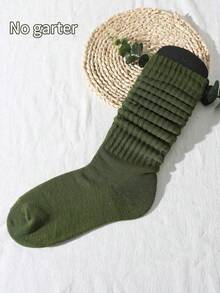 1/3/5 Đôi tất dài đến đầu gối phong cách Hàn Quốc đa năng dành cho nữ, phong cách Lolita, tối giản, màu trơn (Chỉ có tất, không có bảng tất) - xanh quân đội - Xem 2