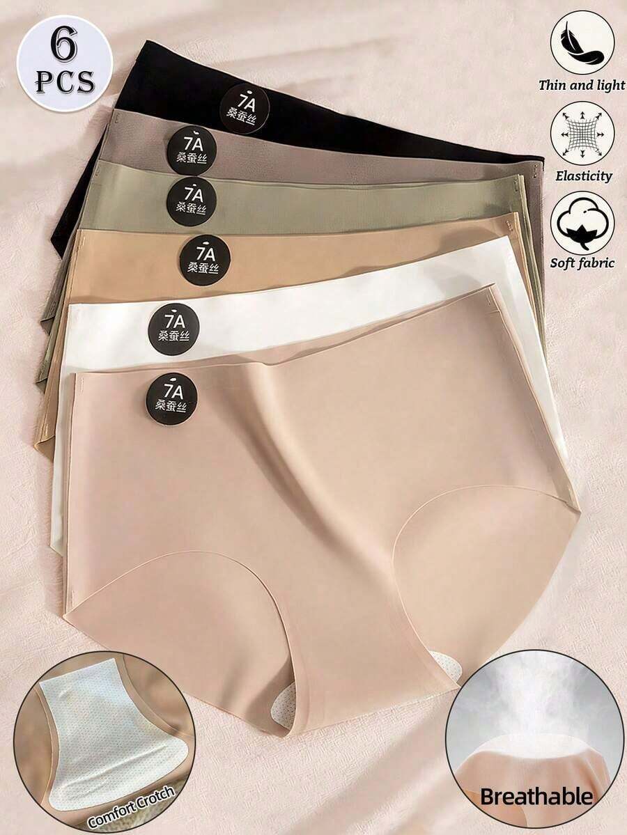 Set de 6 paquetes de calzoncillos triangulares sin costuras de unicolor, de estilo simple,de bragas cómodas y sin costuras, pantis sexy sin costuras de unicolor, lencería - Multicolor - Ver 1