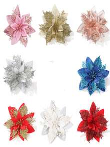5/10pcs Poinsettias Artificial Christmas Flowers - Red/Gold/Red Gold/Silver/Pink Glitter Fake Flowers Christmas Tree Decorations Christmas Decorations For Home 2025 New Year Ornaments - Multicolor - View 10