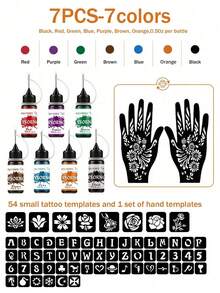 7-Color Henna Tattoo Cream + 62  Pattern Tattoo Stencils And Hand Templates Tool Set,  Body Art Marking Gel DIY, Semi-Permanent Tattoo Cream Face Body Painting Body Art Suitable For Halloween, Christmas, Birthday, Stencils Are Easy To Wash - 彩色 - 查看 9