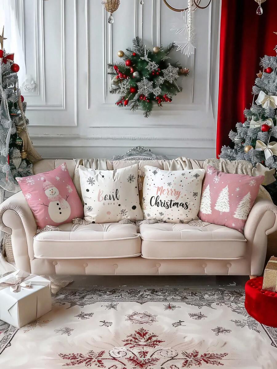 4pcs Velvet-Like Soft Christmas Santa Claus, Christmas Numbers, Reindeer, Snowman, Snowflake Decorative Pillow Covers, Hypoallergenic Polyester Material, Hidden Zipper, No Filling, Suitable For Home Decor, Living Room, Throw Pillow Cases, Cushion Covers, Sofa Decorative Pillows, Home Decor Pads