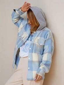 Women's Elegant Warm Qversized Checkered Autumn Shirt With A Hood ,Long Sleeve Plaid Casual Party Spring Fall Buttons Cardigan