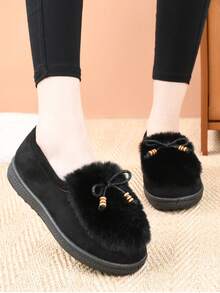 New Women Fashion Personalized Fluffy Warm Minimalist Solid Color Indoor Outdoor Travel Vacation Home Slippers, Thick Plush Slip-On Cozy Soft Bottom Casual Outdoor Wear Shoes For Winter - Black - View 4