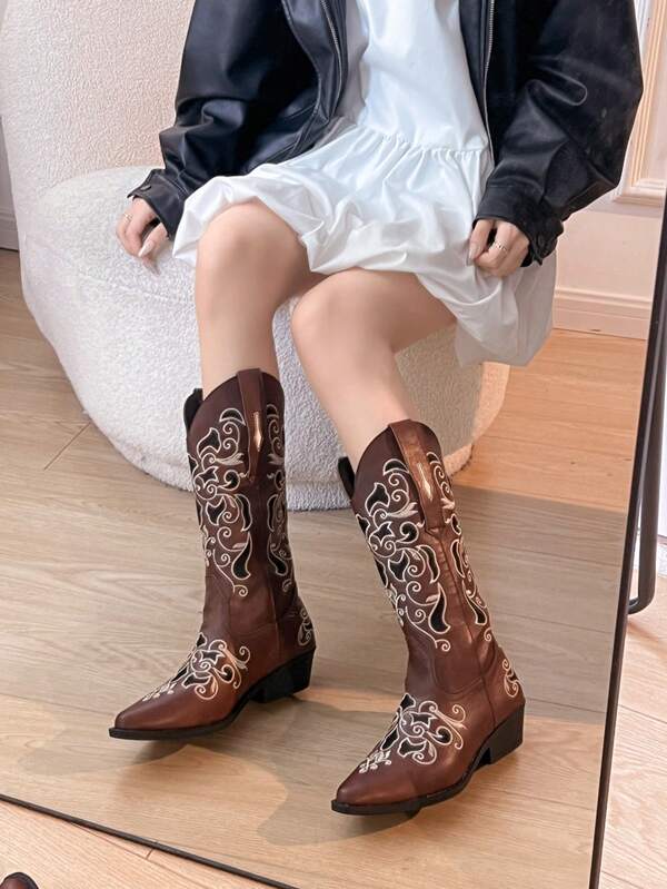 Casual Fashion Is Versatile.Western-Style Casual Fashion Autumn/Winter Denim Cowboy High-Top Embroidered Boots Post-Apocalyptic Aesthetic.