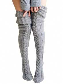 1 Pair Of Women's Over-The-Knee High Socks, Over-The-Knee Knitted Boots And Socks, Warm And Fashionable Warm Leg Covers For Winter, Solid Color Over-The-Knee Knitted Striped And Twisted Pattern Socks, Christmas Clothing, Warm Accessories, Y2k - màu đen - Xem 2