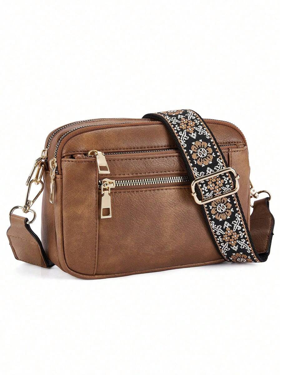 New Retro Quilted Embroidery PU Small Square Shoulder Bag – Multi-Functional Crossbody Messenger Handbag With Multi-Partition Design, Perfect For Daily Commuting, Shopping, Or As A Gift - 棕色 - 查看 1