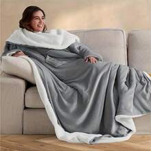 1pc Women's Comfortable Gray Flannel Wearable Blanket With Sleeves And Pockets - Soft Fleece TV Wrap Shawl With Sleeves, Unisex Adult Cozy Warm Thick Blanket With Pockets And Sleeves - Multicolor - View 8