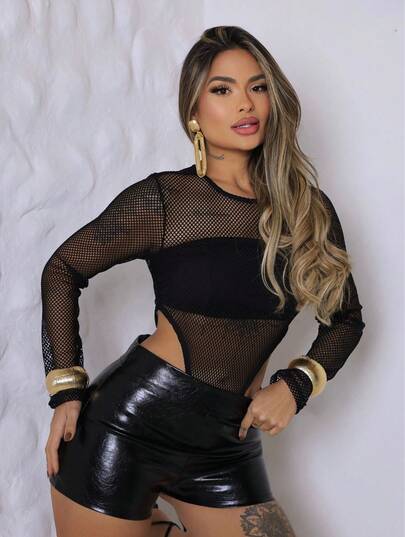 BODY MANGA LONGA CAVADO TECIDO ARRASTÃO MODA CASUAL URBANO TENDENCIA VERÃO OUTONO LANÇAMENTO 2025