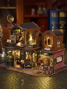 Vintage Bookstore Style Miniature House With LED Light, Double Building Design DIY Wooden Kit With Book Shelves And Street Details, Twilight Book Mall For Home Decoration, Holiday Gift And Relaxing Assembly Project - Multicolor - View 12