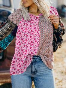Acelitt Blusa casual de mujer con estampado floral mixto, escote en V, mangas abultadas y hombros descubiertos, estilo bohemio, adecuada para usar de vacaciones en primavera/otoño - Multicolor - Ver 3